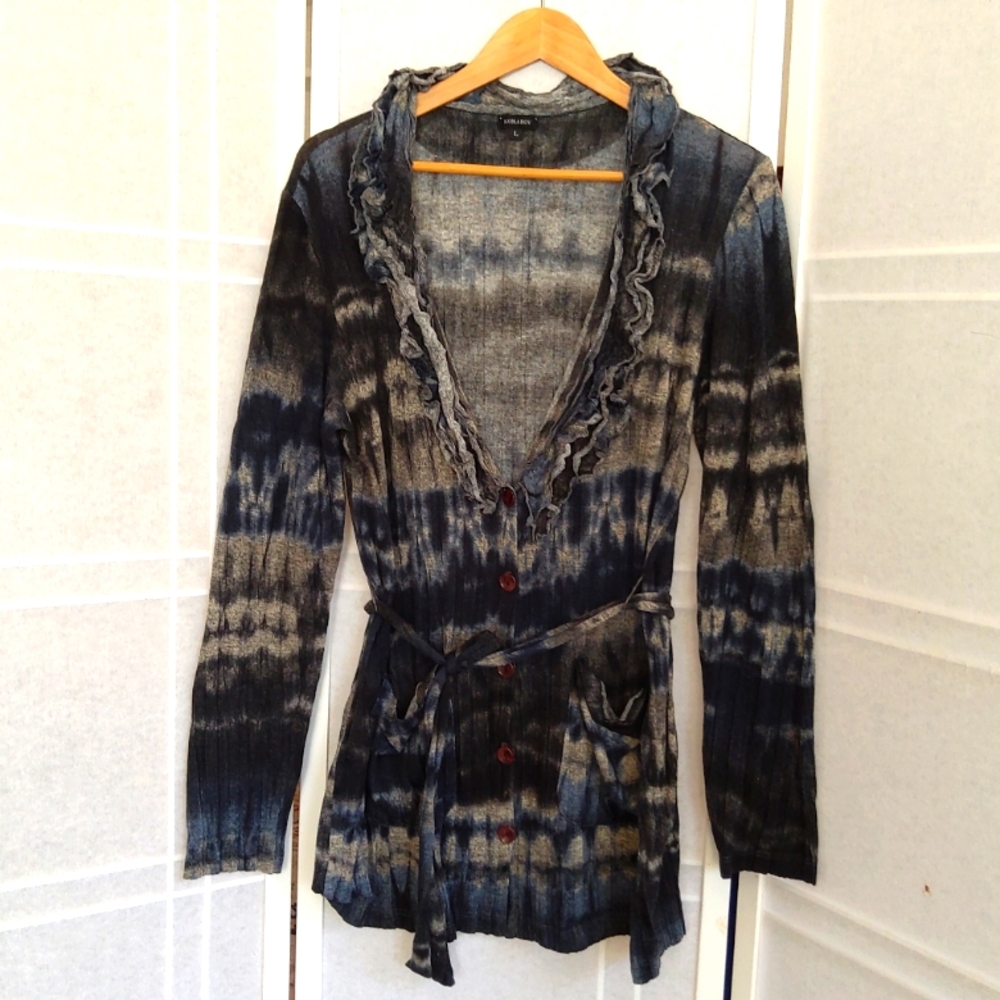 Komarov gray blue tie die cardigan